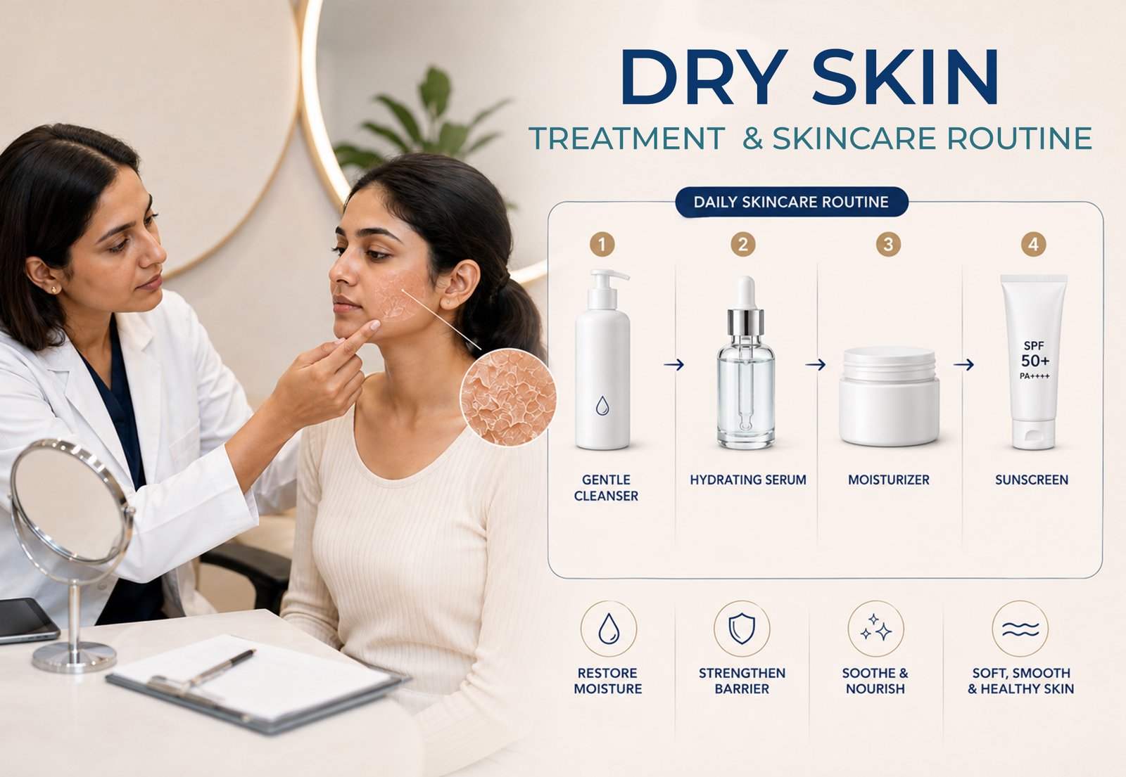 Dermatologist examining dry skin during consultation in Rohini